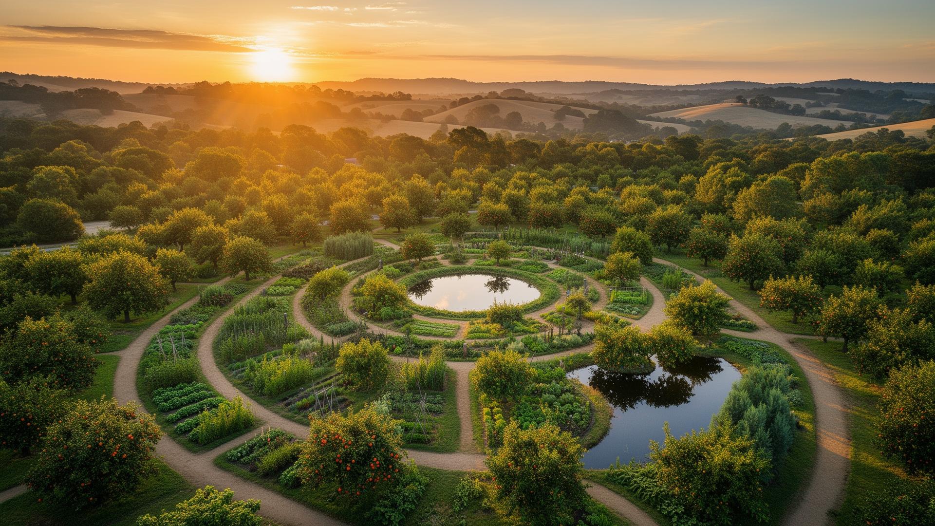 Aerial view of a permaculture food forest at sunset