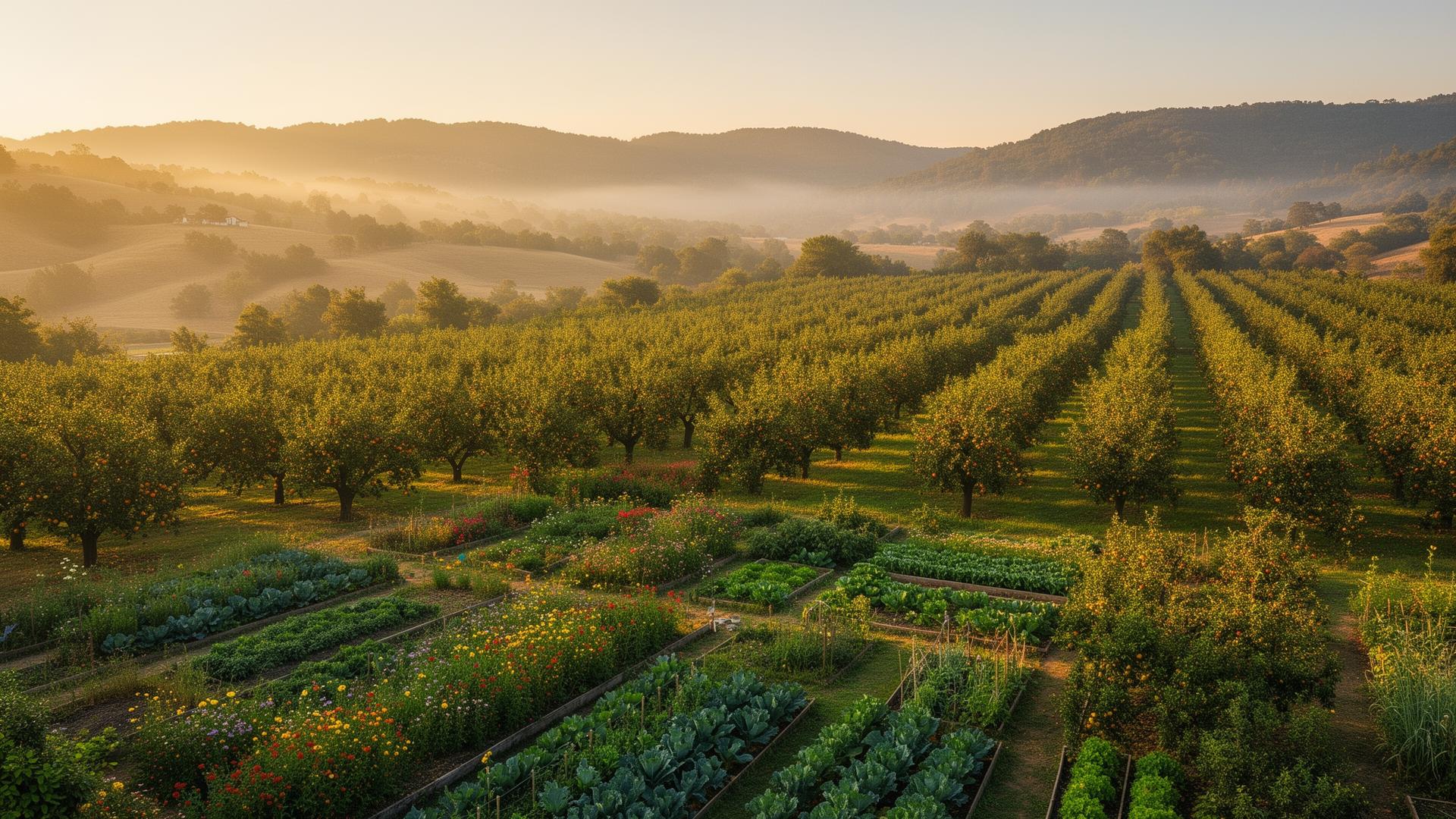 A regenerative orchard and food forest at golden hour
