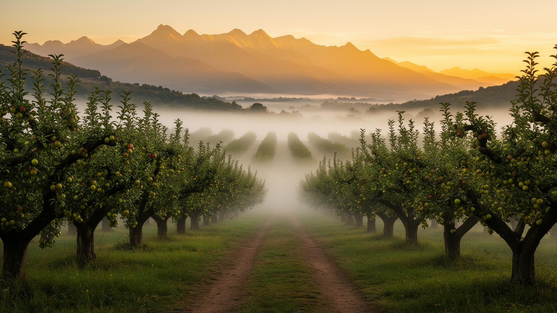 Misty orchard valley at sunrise