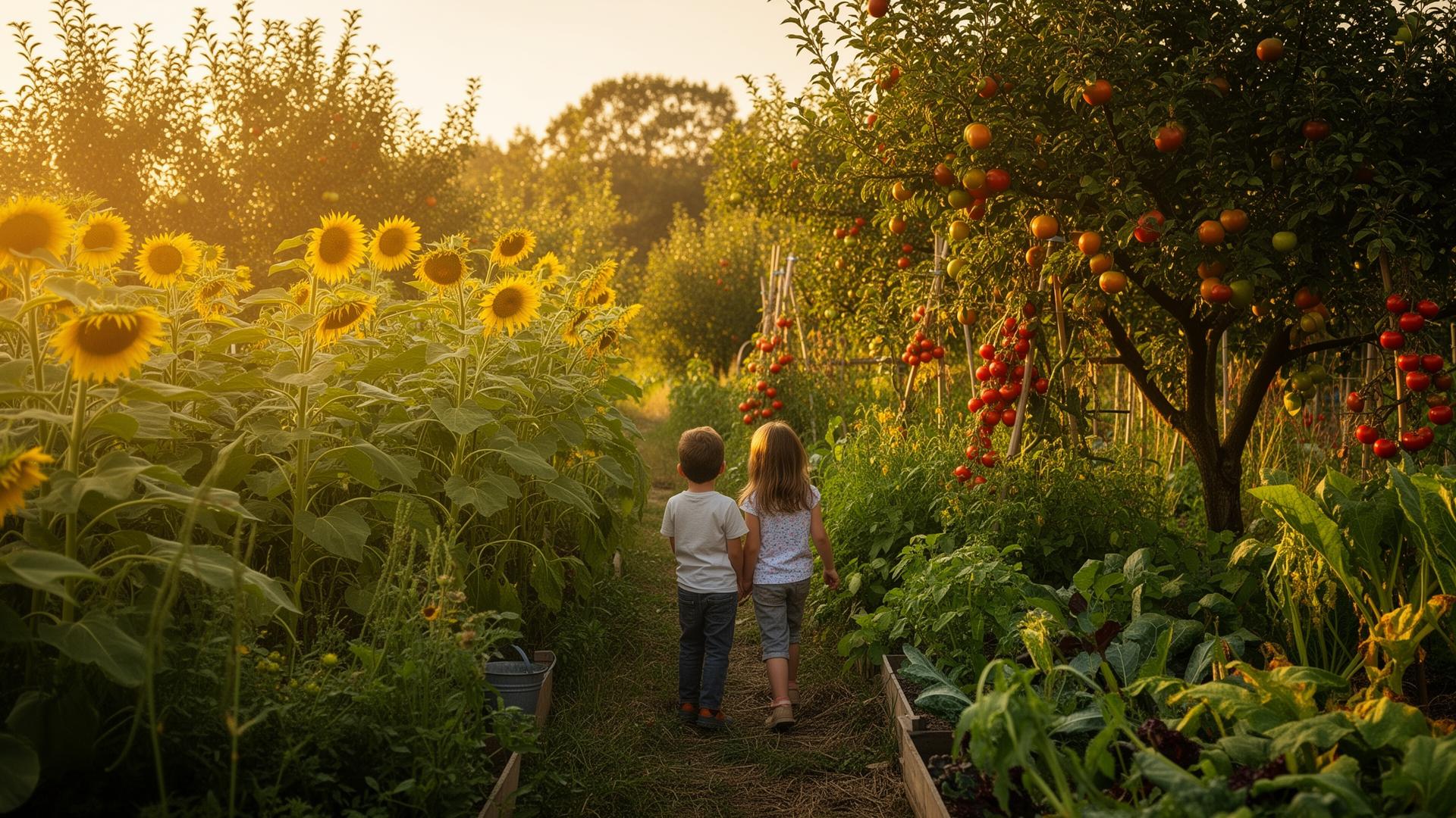 Children walking through a sunlit food forest of sunflowers and fruit trees